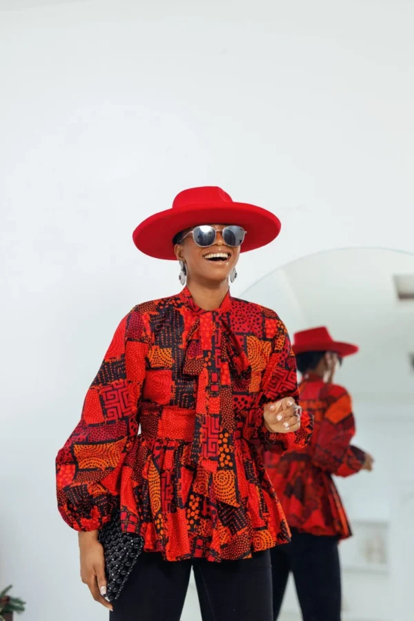 Bibi African Print Puff Sleeve Top [Red]