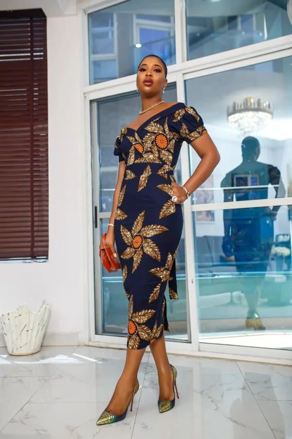 Idia African Print Off Shoulder Midi Dress [Navy Blue]